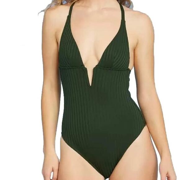 Shade & Shore Dark Green Ribbed Plunge Front V-Wire One-Piece Swimsuit Medium - Picture 1 of 9